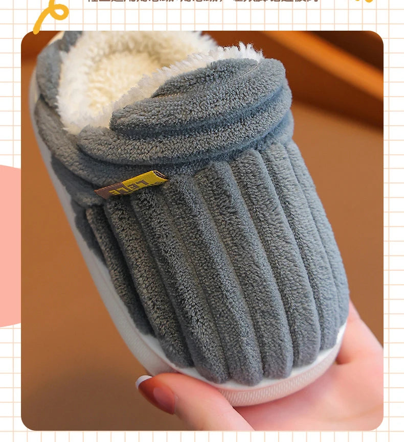 Winter children's cotton slippers for boys and girls, anti slip and warm bags, and parent-child fuzzy and plush home baby cotton