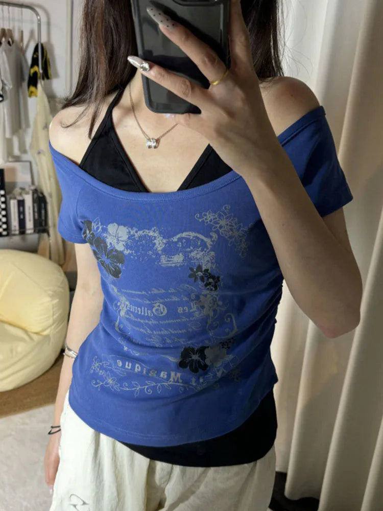 Vintage Fake Two Piece Halter Lace Up T-shirts Y2k Slim Fit Print Tops Women Off Shoulder Short Sleeve Tee Shirt