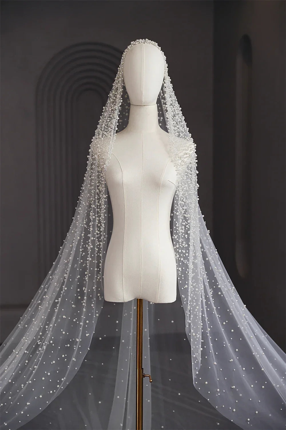 1Tier Wedding Veil With Pearls Long Luxury Bridal Veil with Comb Scattered Dense Pearls Cascading Mantilla Cathedral Custom Veil