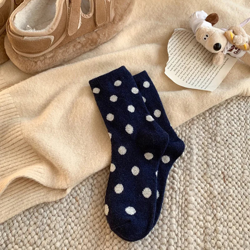 Socks for Women Autumn Winter Thick Warm with Polka Dot Black Maillard Velvet Coffee Mid-tube Socks