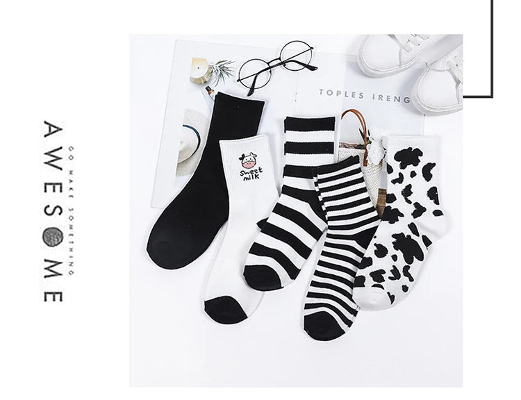 Cute Cow Print Socks for Women White Black Funny Cartoon Animals Sock Girls on Sale Fashion Casual Streetwear Skateboard