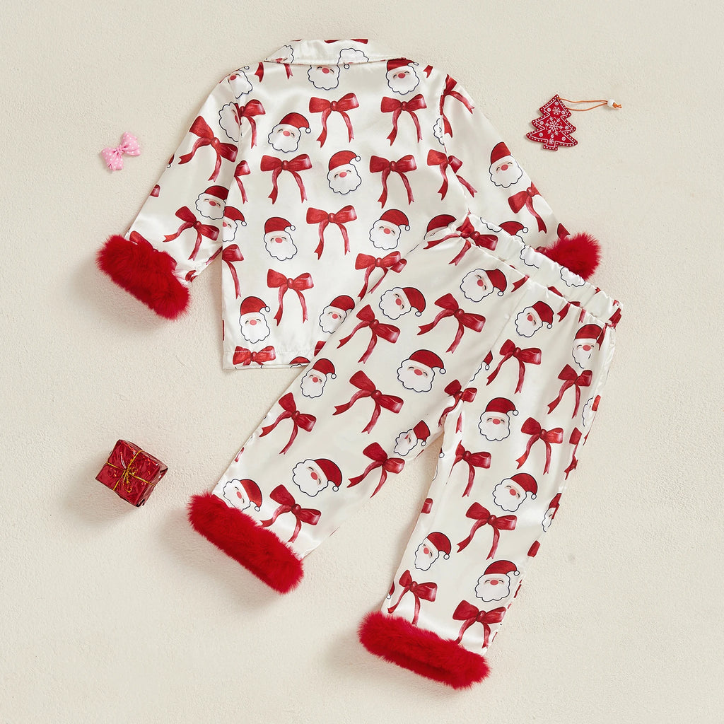 1-7T Baby Boy Girl Christmas Silk Pajamas Set Button Down Deer Santa Long Sleeve Shirts Tops and Pants Satin Pj Sets