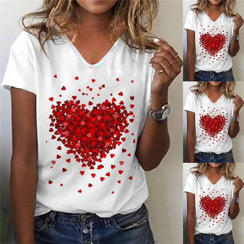 1PC Milk Silk European Style Women's Red Love Print V-neck T-shirt Blouse Short Sleeve