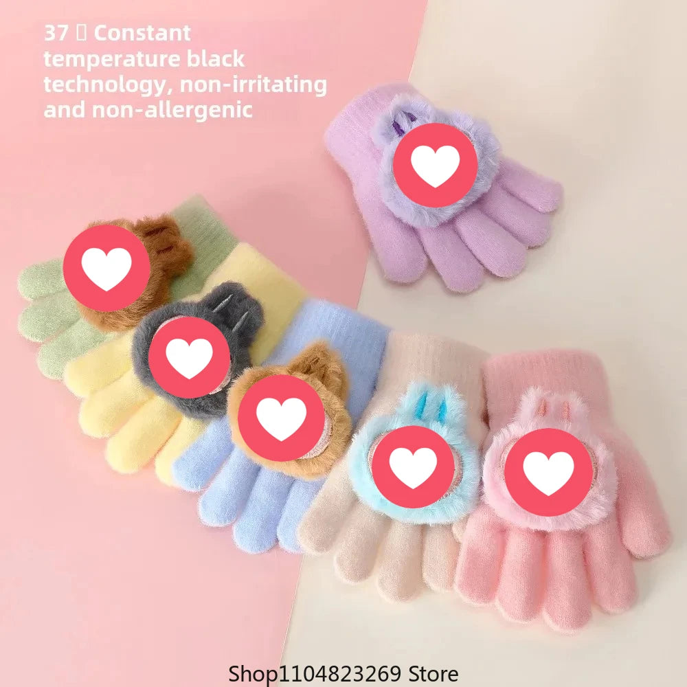 2025 New Children's Five-Finger Warmknit Gloves Winter Warm Simple Cartoon Design Universal Fit For Boys And Girls