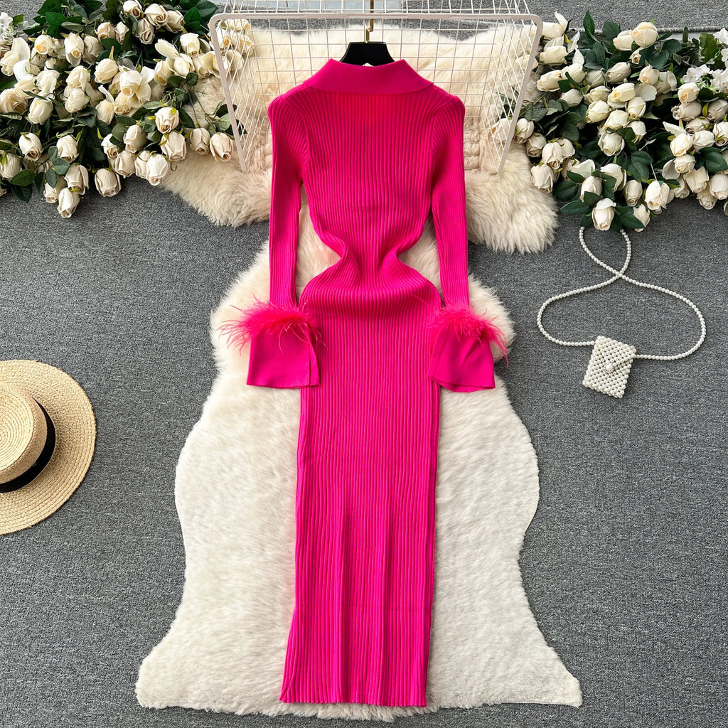 YuooMuoo Women Dress 2025 Autumn Winter Elegant Fur Long Sleeve Knitted Sweater Dress Chic Lady Wrap Hips Bodycon Long Vestidos