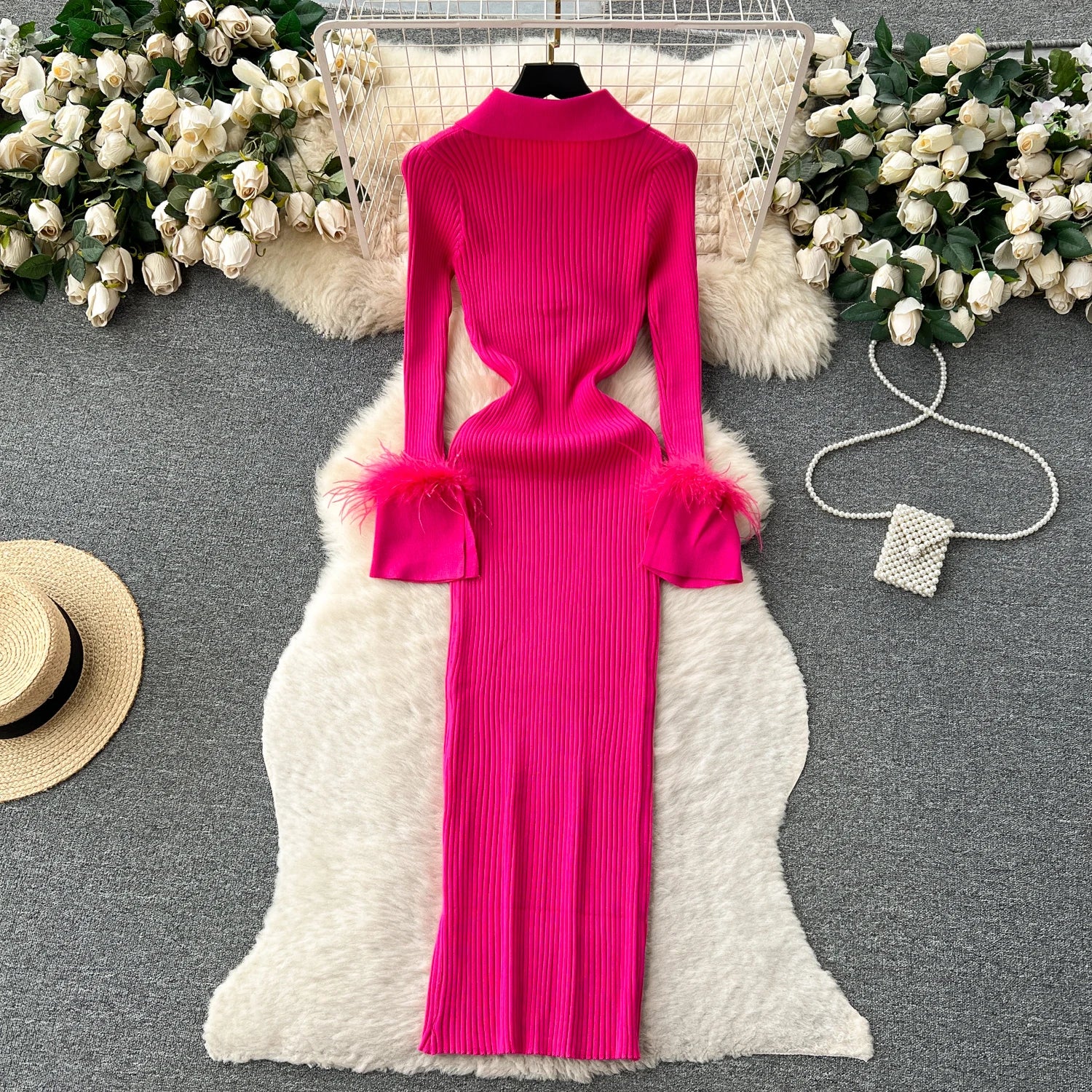 YuooMuoo Women Dress 2025 Autumn Winter Elegant Fur Long Sleeve Knitted Sweater Dress Chic Lady Wrap Hips Bodycon Long Vestidos