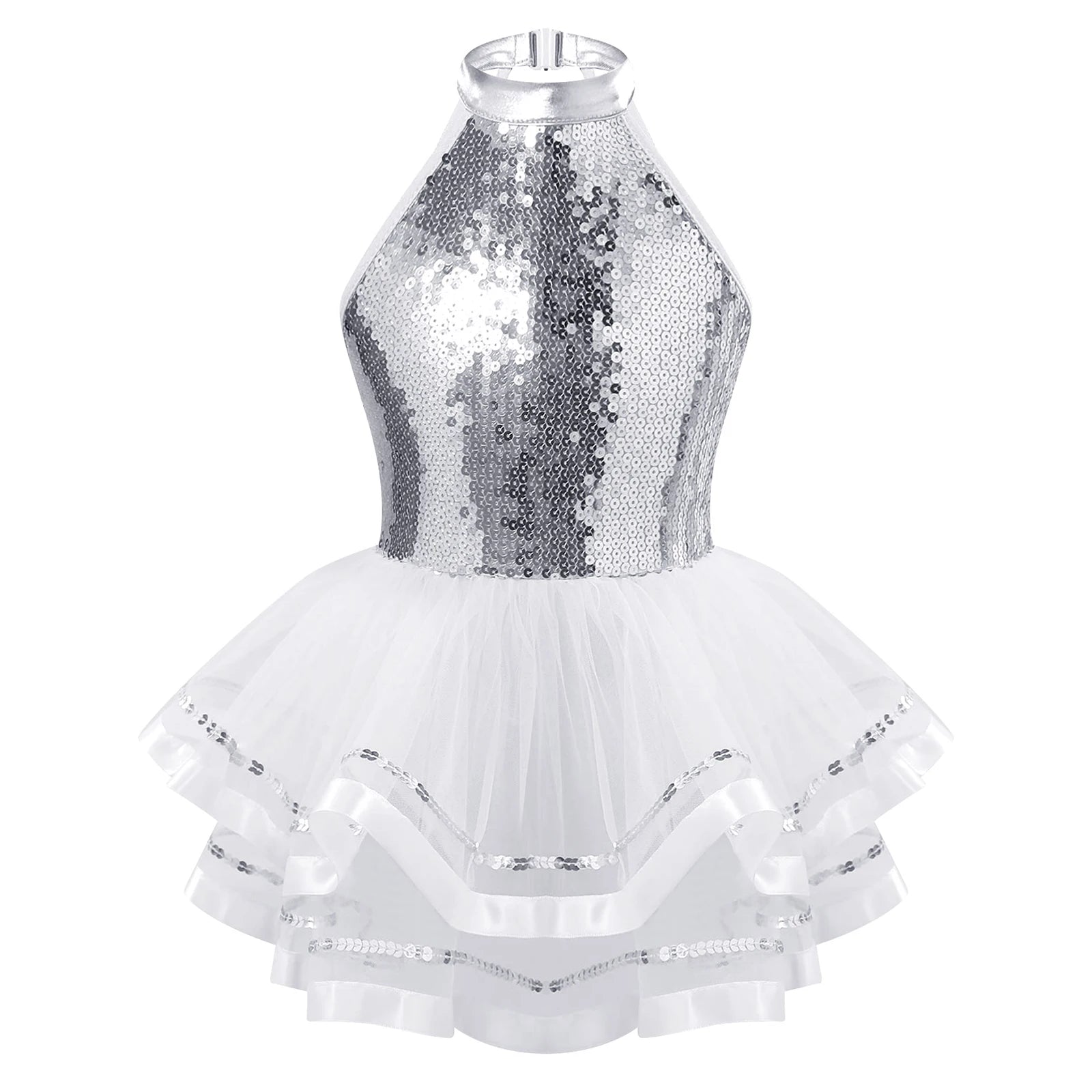 Jazz Dance Costume Kids Halter Shiny Sequins Gymnastics Unitards Dress Girls Ballet Leotard Tutu Stage Performance Clothing