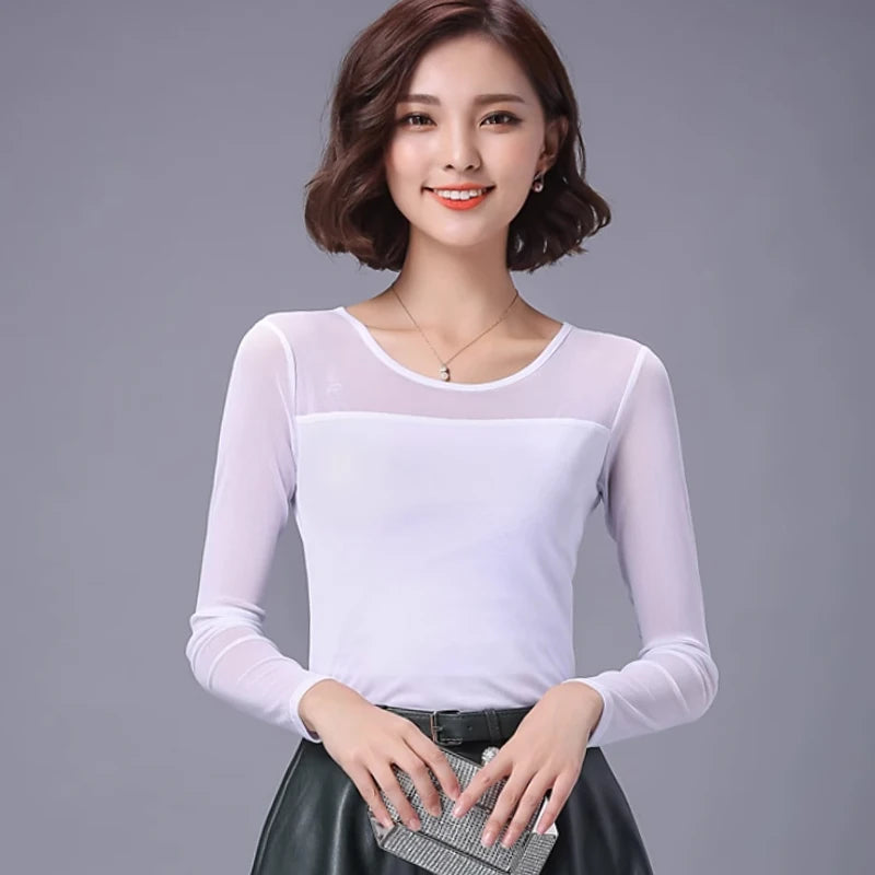 Autumn Winter Black White Bottoming Shirt Round Neck Solid Mesh T Shirt Korean Fashion Women Tops