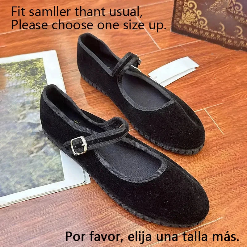 Elegant Mary Janes Flats Shoes Women Black Buckle Strap Shallow Casual Ballet Shoes Ladies Spring Autumn Canvas Loafers 2024