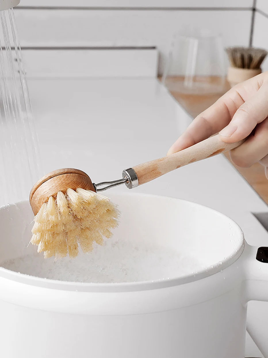 Bamboo Kitchen Cleaning Brush Natural Dishes Pots Pans Sink Washing Brush Eco-friendly Clean Scrubber with Draining Storage Tray