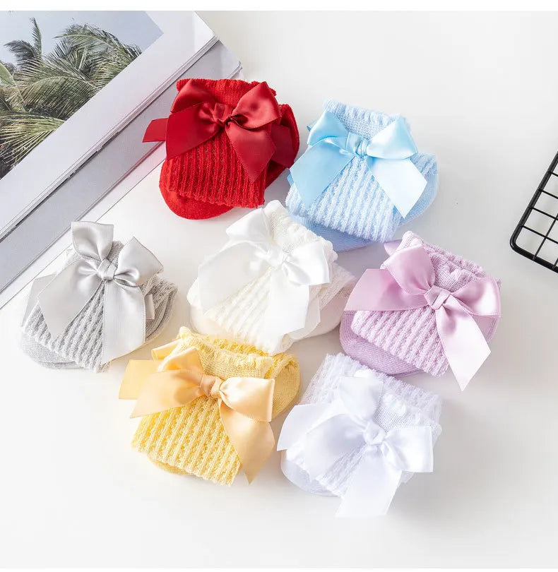 Simmer Spring Mesh Thin Cotton Korean Bow White Stockings Baby Princess Knee High Long Socks with Lace Ruffles for Newborn Girls