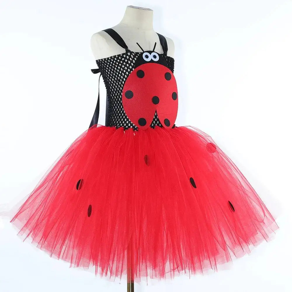 Black Red Lady Beetle Costumes for Baby Girls Ladybird Tutu Dress with Wings Kids Halloween Outfit Children Birthday Clothes