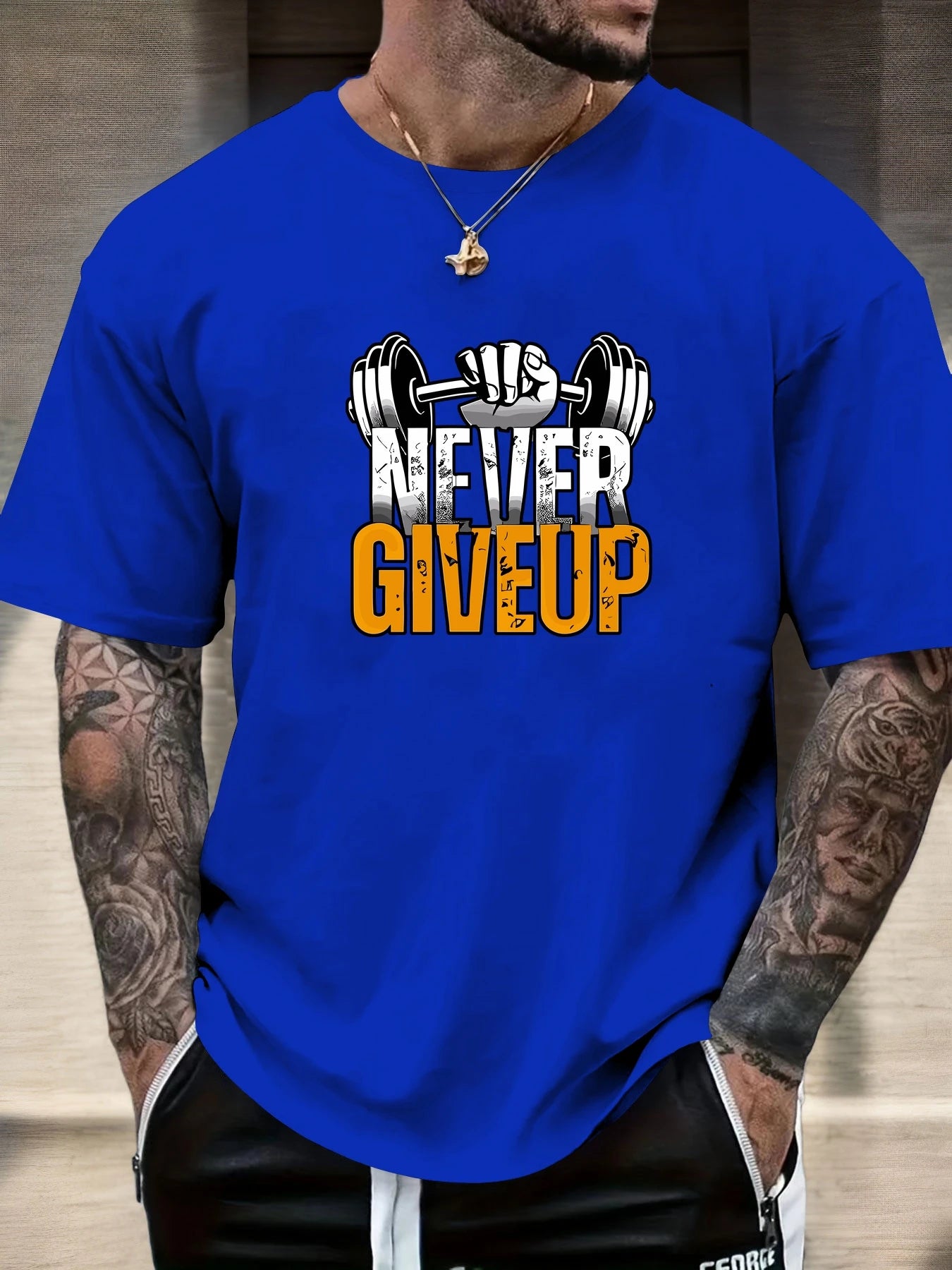 Men's Gym T-shirt Never Give Up Print Short Sleeve Soft Oversized Fitness Daily Wear