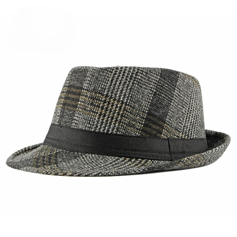 Spring Summer New Vintage Checked Top Hat Men's Middle-aged and Elderly Woolen Gentleman's Hat Jazz Hat