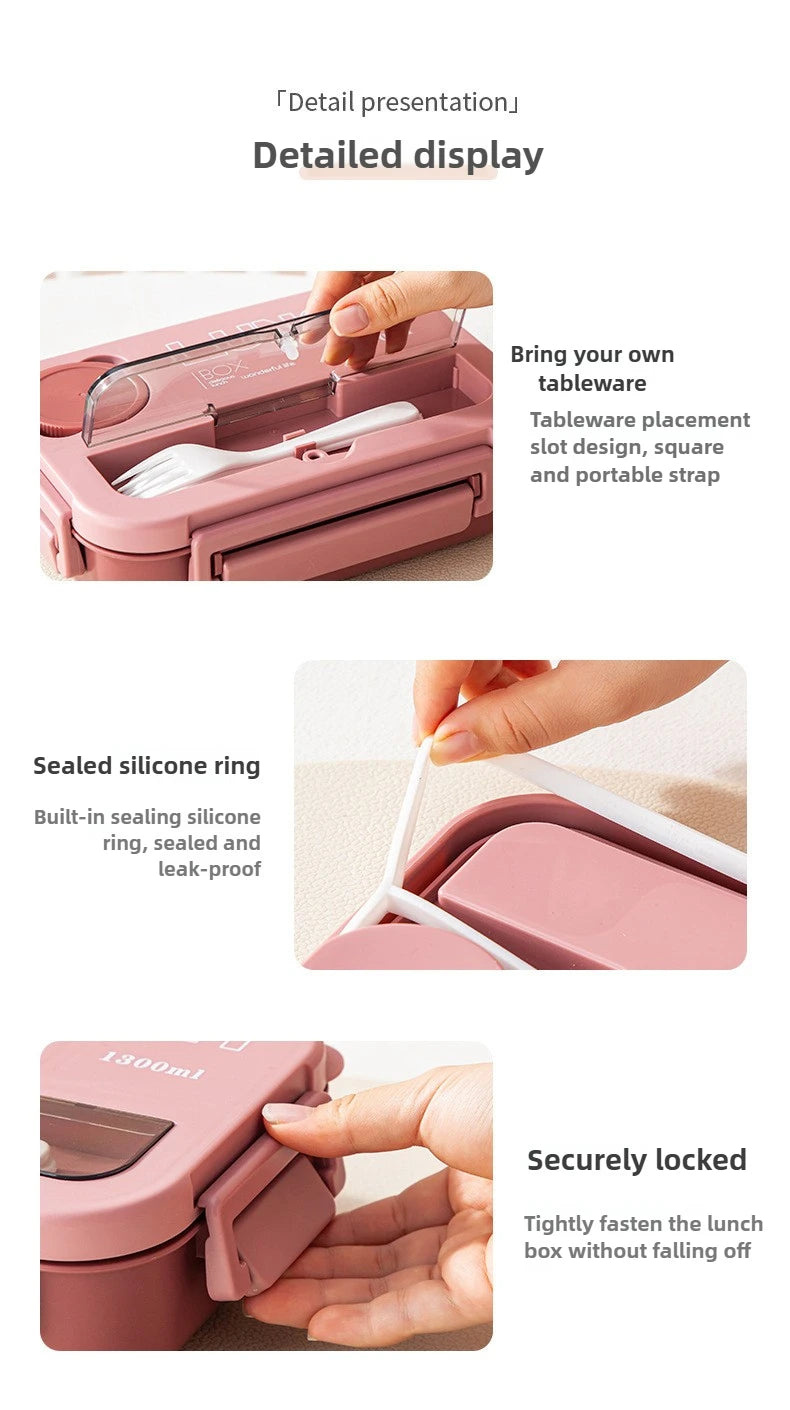 Compartment 1300ML Portable Lunch Box Kids Students Office Bento Box With Fork and Spoon Microwave Food Storage Container