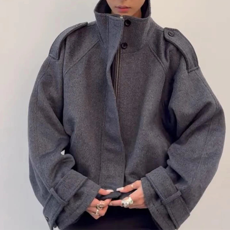 Elegant Women's Short Woolen Coats Stand Collar Double Breasted Long Sleeve Female Jacket 2025 Autumn Winter Lady Warm Outwear