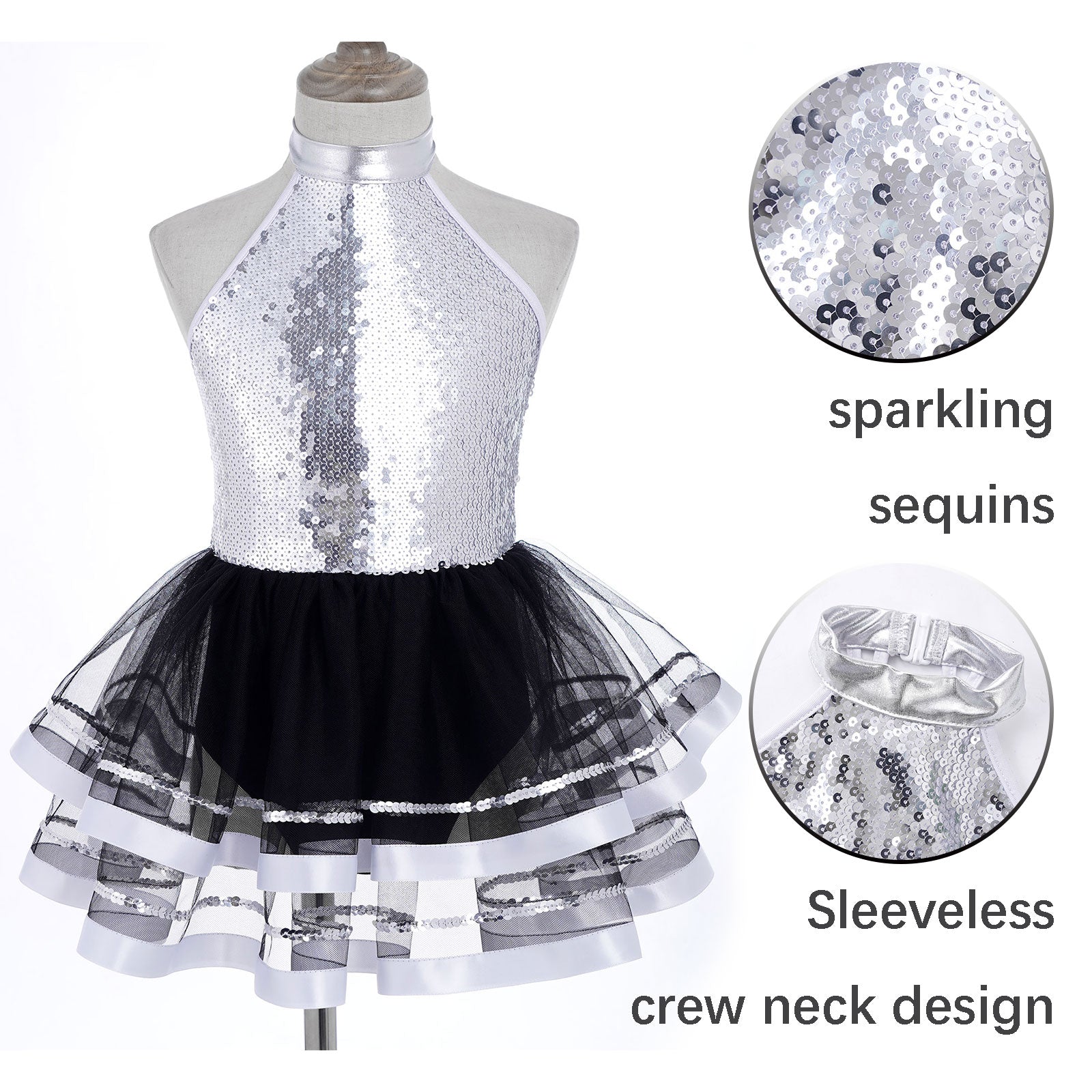 Jazz Dance Costume Kids Halter Shiny Sequins Gymnastics Unitards Dress Girls Ballet Leotard Tutu Stage Performance Clothing