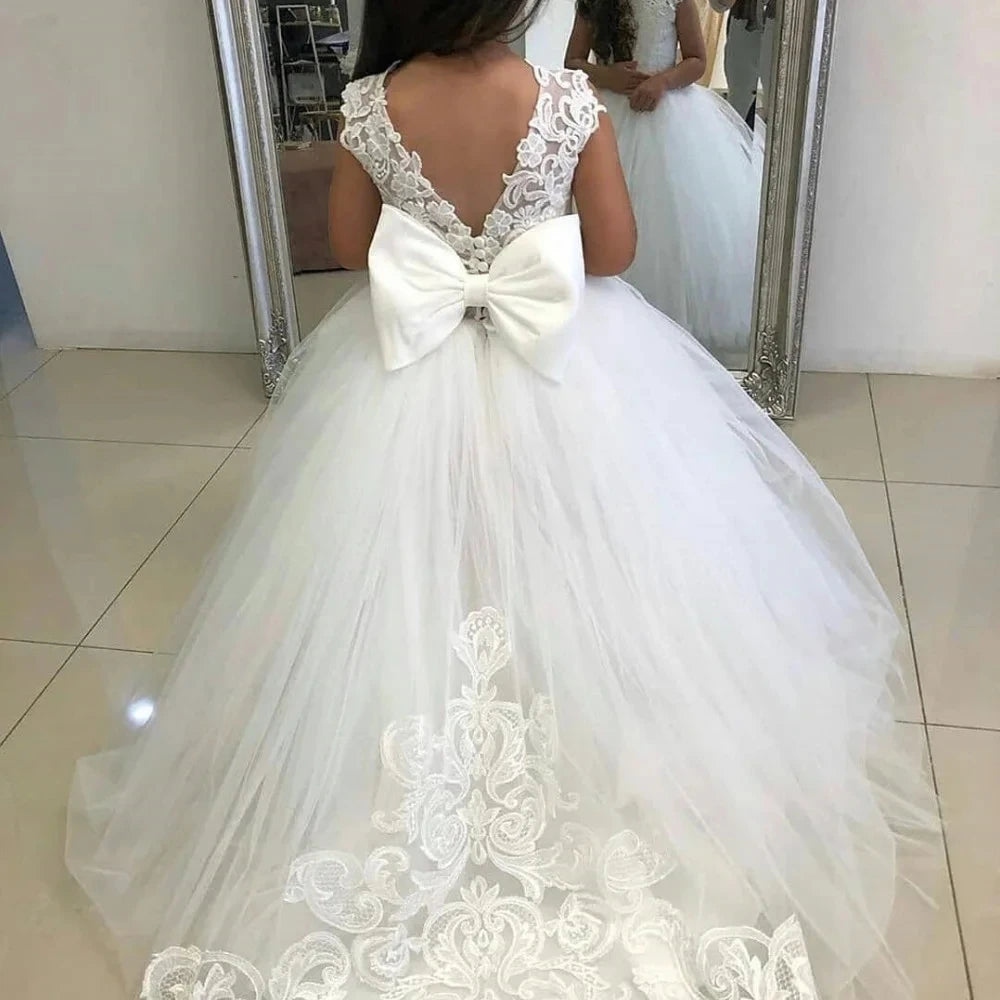 White Bridesmaid Dress For Girls Lace Big Bow Flower Girl Dresses Ball Gown Kids Wedding Party Pageant First Communion Gown