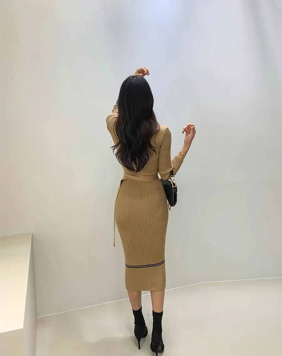 French style celebrity temperament slim feeling autumn winter new round collar fragrance wind slim bottom wrap hip dress