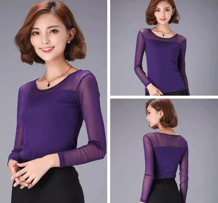 Autumn Winter Black White Bottoming Shirt Round Neck Solid Mesh T Shirt Korean Fashion Women Tops