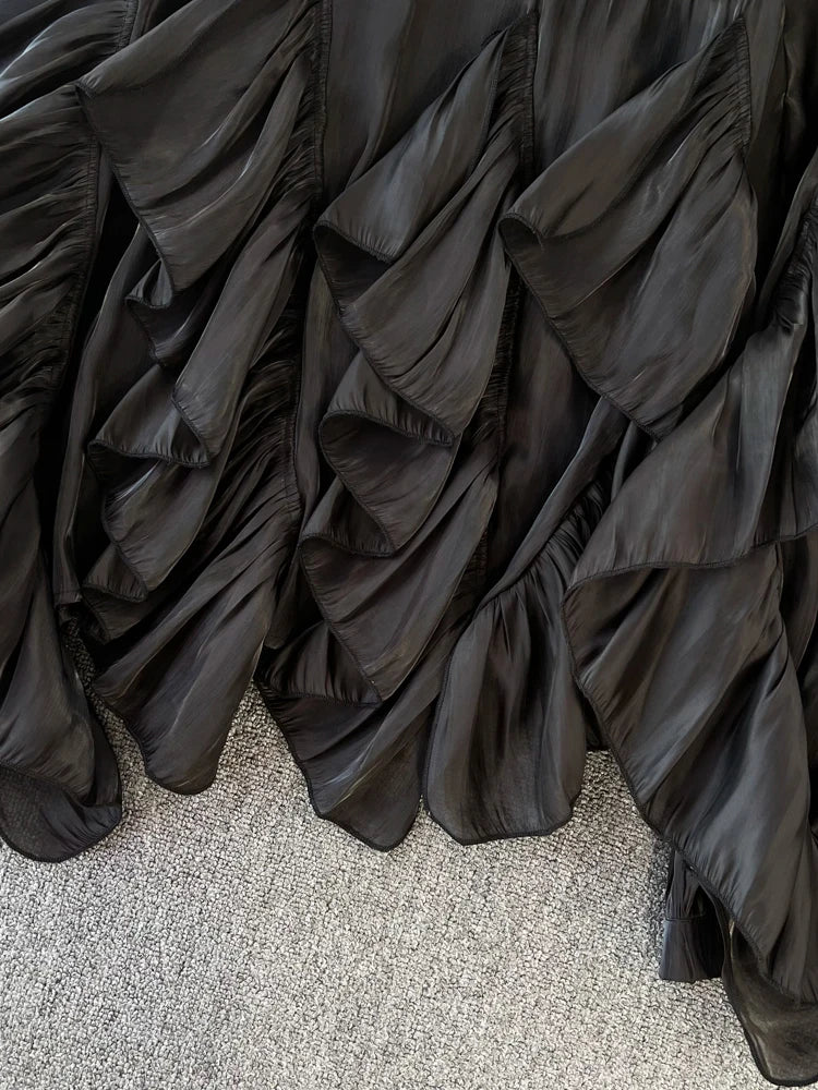 Women Spring Autumn Blouse New European American Vintage Round Neck Ruffle Loose Long Sleeved Foreign Style Irregular Top D2338