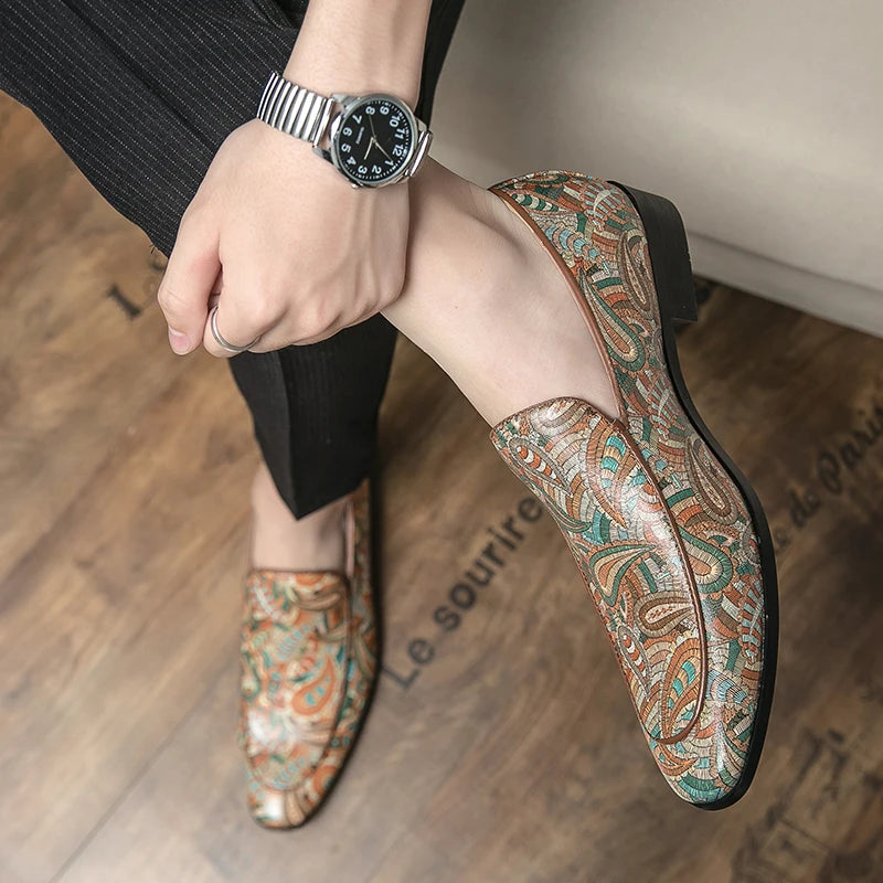 New British Style Fashion Trends Printed Leather Loafers Men Breathable Casual Shoes Men Slip-on Dating Driving Party Men Shoes