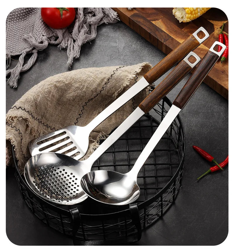 Kitchen Wooden Handle Wok Spatula Cooking Utensils Stainless Steel Frying Shovel Colander Soup Rice Spoon Kitchenware Tools