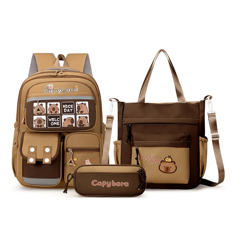Capybara School Backpack Teens Girls School Bags Set Casual Daypack Kids 3Pcs Book Bag Kawaii Children Schoolbag Travel Backpack