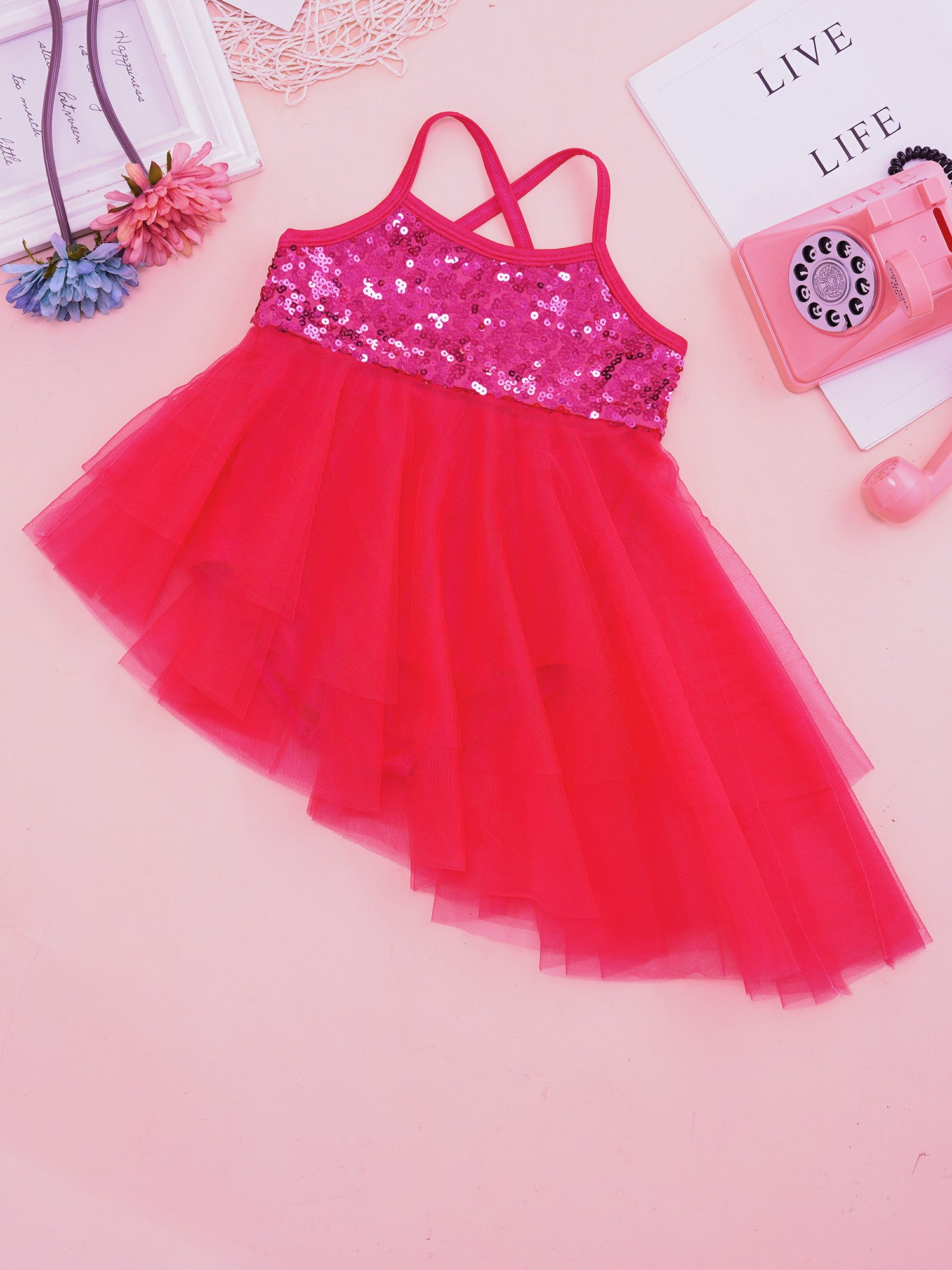Girls Ballet Dress Lyrical Dance Gymnastics Skating Stage Performance Costume Shiny Sequin Mesh Tulle Leotard Tutu Dancewear