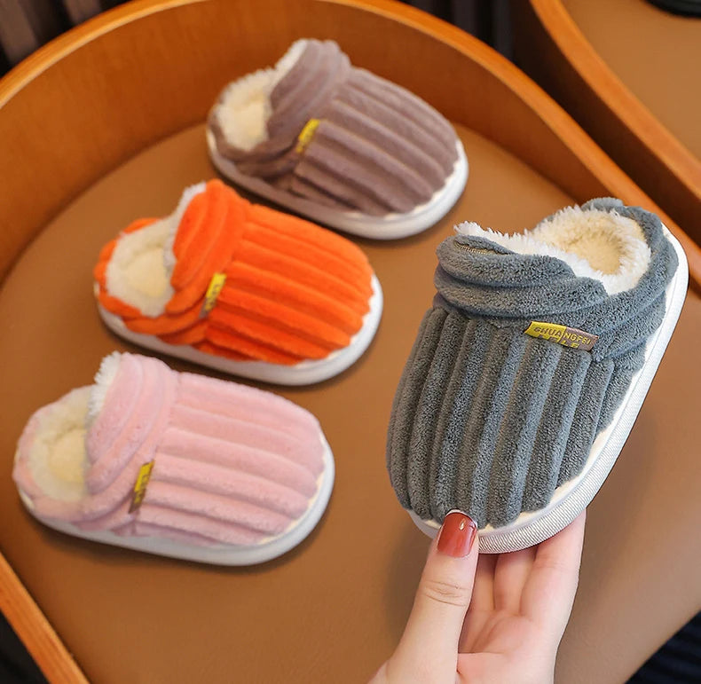 Winter children's cotton slippers for boys and girls, anti slip and warm bags, and parent-child fuzzy and plush home baby cotton
