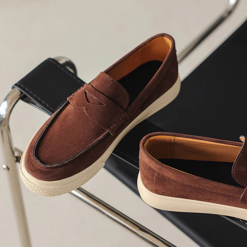 New Suede Leather Mens Loafers Cowhide Slip On Flats Handmade Casual Shoes Leisure Walk Moccasins Outdoor Business