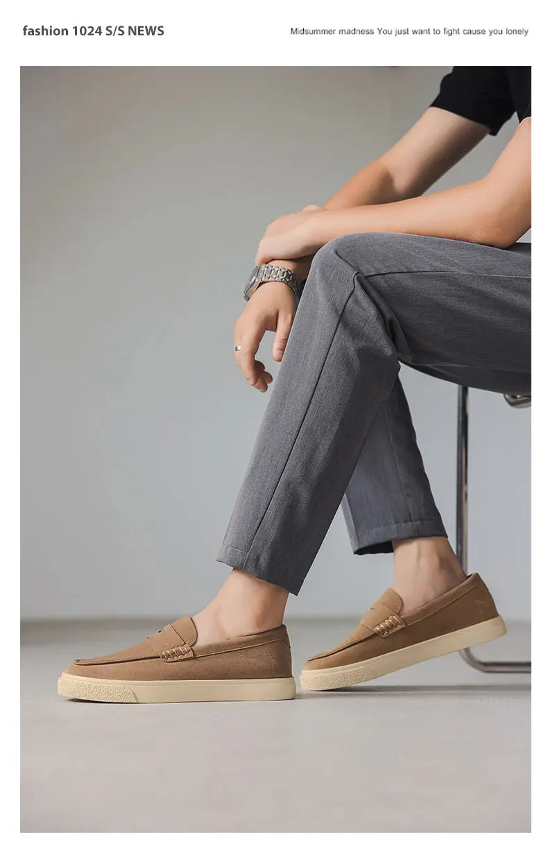 New Suede Leather Mens Loafers Cowhide Slip On Flats Handmade Casual Shoes Leisure Walk Moccasins Outdoor Business