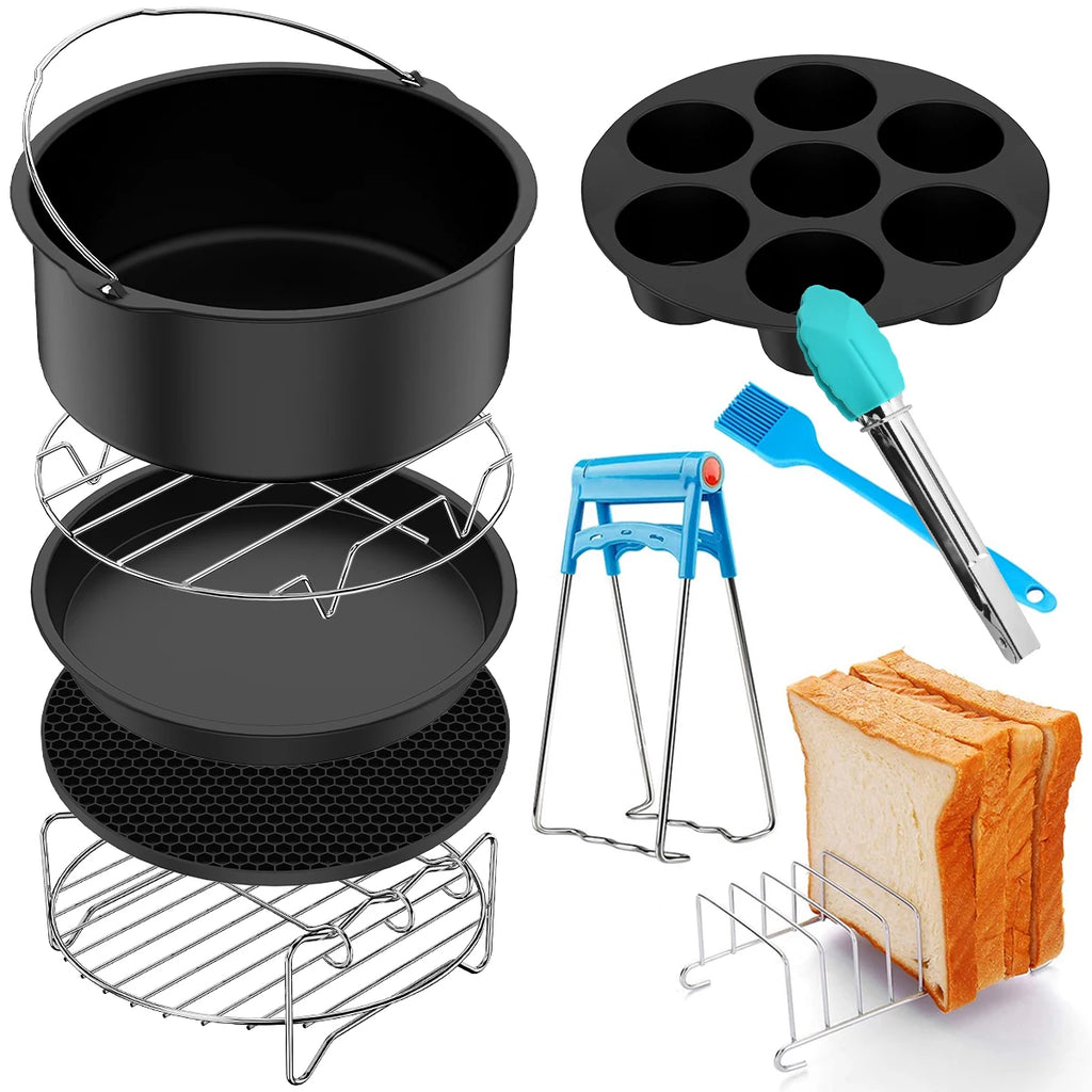 10Pc Air Fryer Accessories Set Food-grade Air Fryer Accessories with Cake Basket Pizza Pan Stainless Steel Skewer Rack Oil Brush