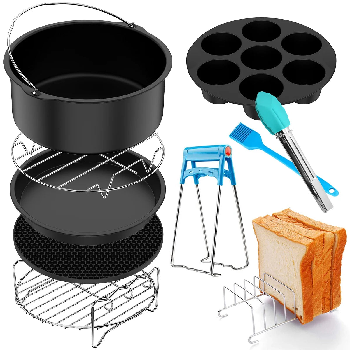 10Pc Air Fryer Accessories Set Food-grade Air Fryer Accessories with Cake Basket Pizza Pan Stainless Steel Skewer Rack Oil Brush