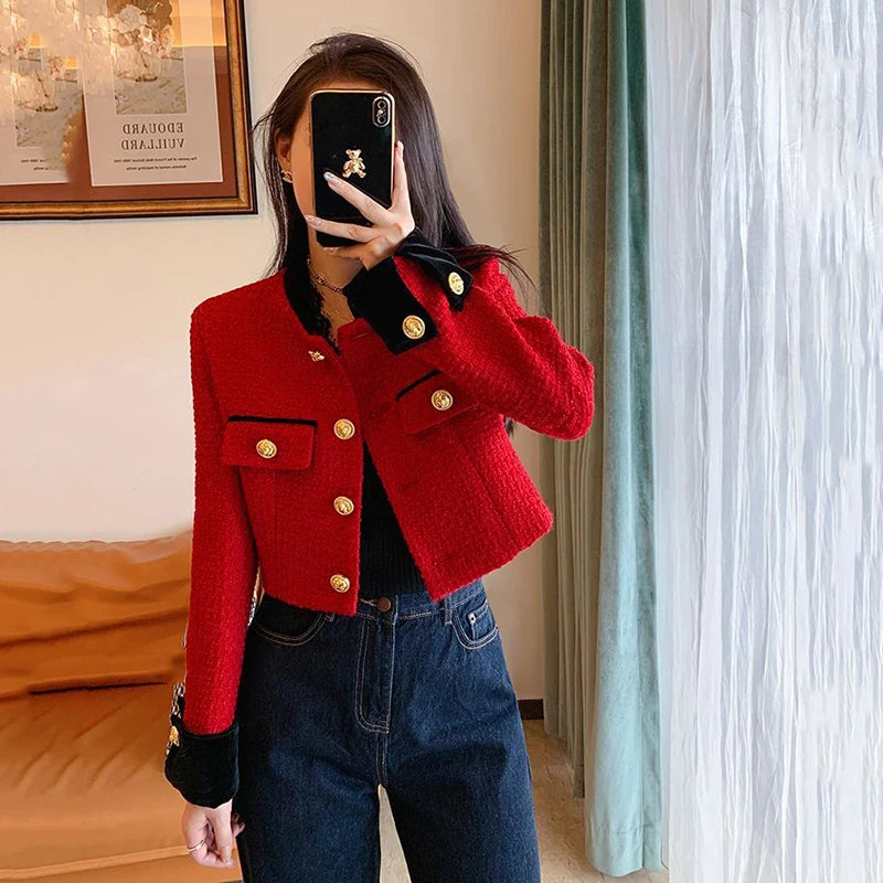 Fashion Stitching Tweed Short Jacket Women Autumn Winter Elegant Office Lady Coat Y2K Korean O Neck Single Breasted Crop Outwear