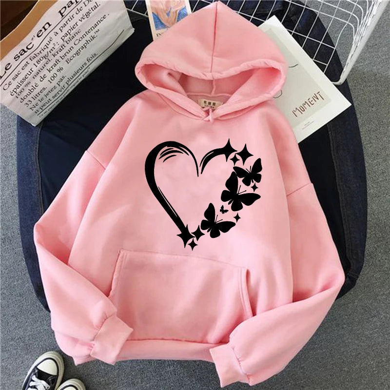 Combination of Love and Butterfly Pattern Long Sleeve Hoodies Women's Trendy Pocket Sweatshirt  Vintage Y2k Hooded Clothing
