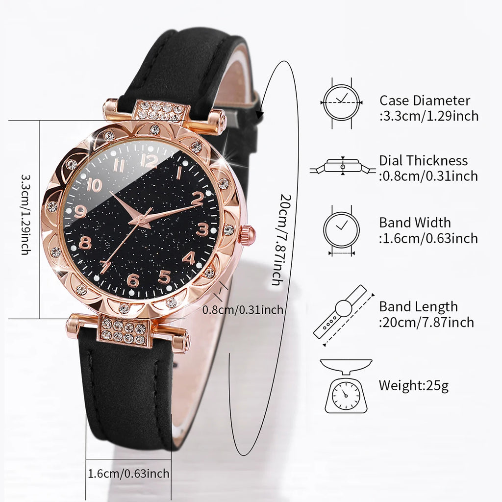 5PCS/Set Women's Watch Fashion Rhinestone Leather Band Quartz Watch Beads Bracelets Set(Without Box)
