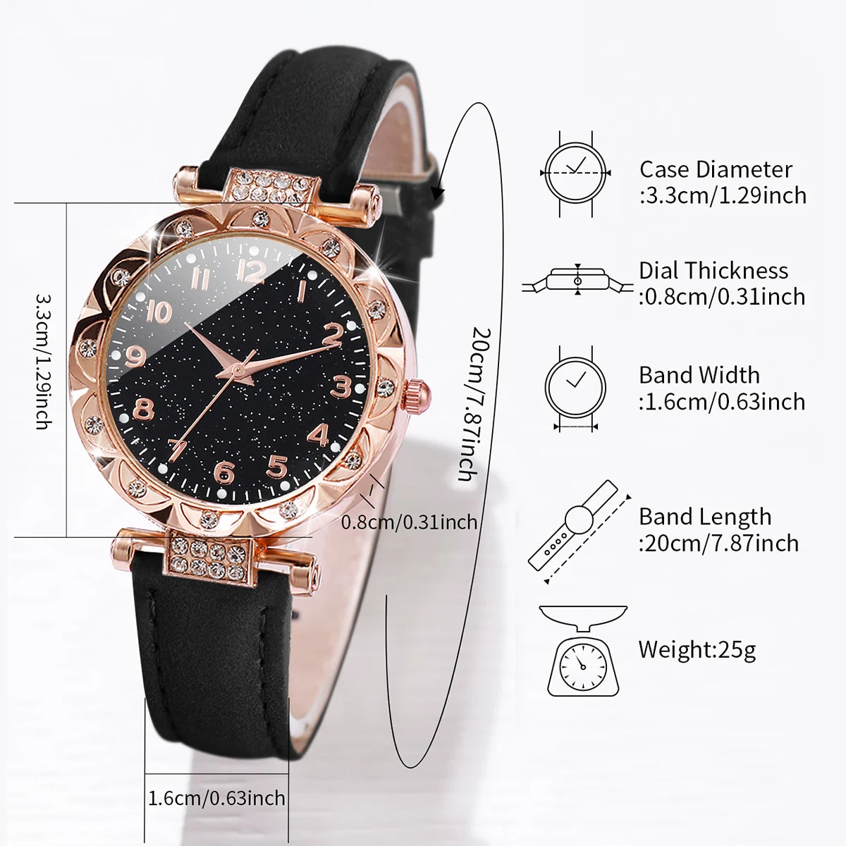 5PCS/Set Women's Watch Fashion Rhinestone Leather Band Quartz Watch Beads Bracelets Set(Without Box)
