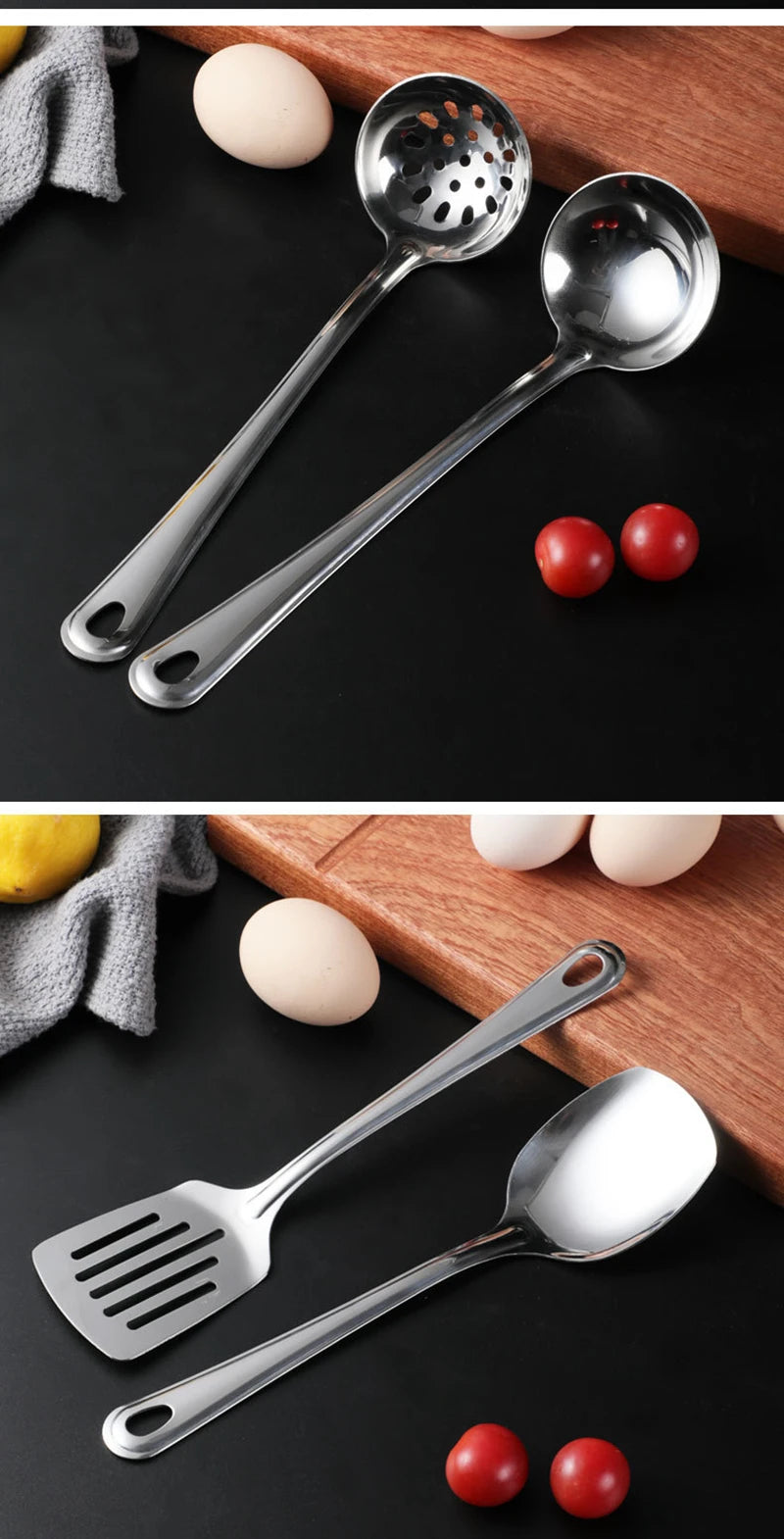 Stainless Steel Kitchen Cooking Pots Spatula Spoon Kitchenware Food Serving Tableware Rice Soup Scoop Colander Home Utensils
