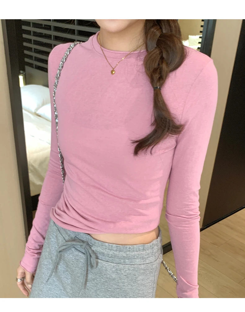 2025 Spring Autumn T shirt Women Tops Solid Slim Fit Long Sleeve O Neck Tshirts Female Casual Streetwear High Quality Base Tees