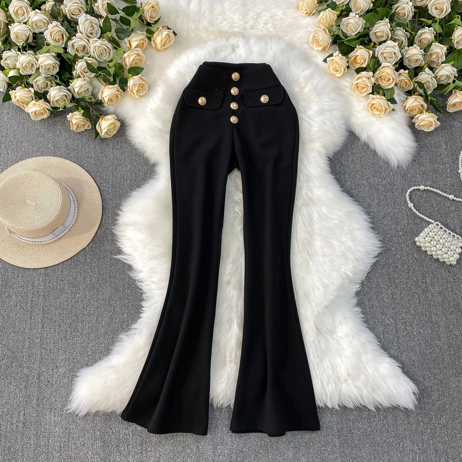 White Micro Flared Pants Spring Summer High Waist Metal Button Slim Fit Floor Length Trousers Elegant Commuting Suit Pants Women