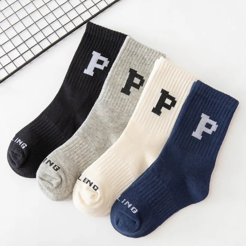 Korean Fashion Letter Socks Children Knit Cotton Middle Tube Socks Boys Girls School Casual Sports Socks 1-8years Old