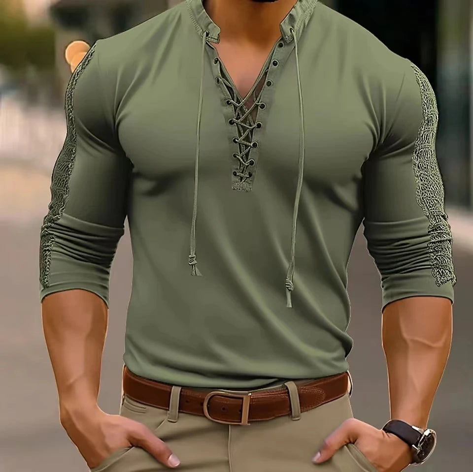 2025 Spring Autumn Men T-Shirts Mesh Patchwork Long Sleeve Top Tees Solid Lace Up V-Neck Casual Bottom Blouse Men Tees Tops