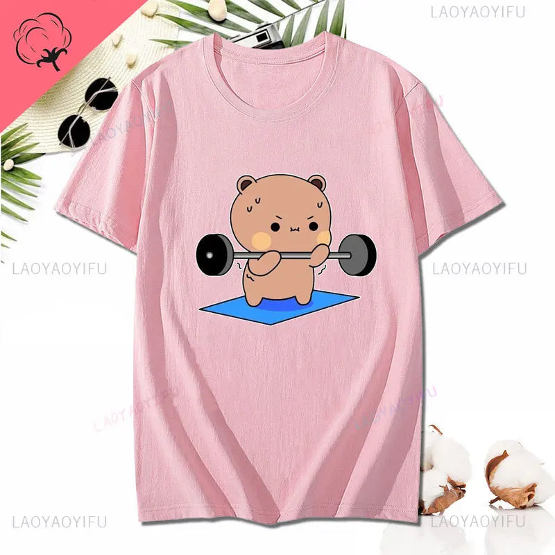 Cute Weight Lifting Fitness Graphic T-shirt Dudu and Bubu Do Yoga Printing Tees Humor Style Lovers' Clothes Valentine's Day Gift