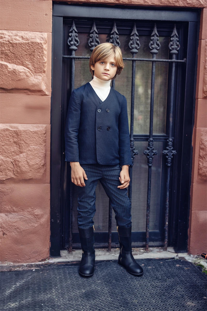 AS Great Quality Designer Shabbos Brother Sister Navy Cotton Linen Clothes with Embroidery Holiday Outfits