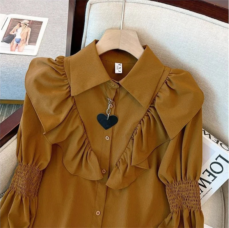 Ruffled Long Sleeved Shirt 2025 New Summer Autumn Chiffon Shirt Women's Blouse Lantern Sleeve Shirt Korean Popular Clothes ﻿