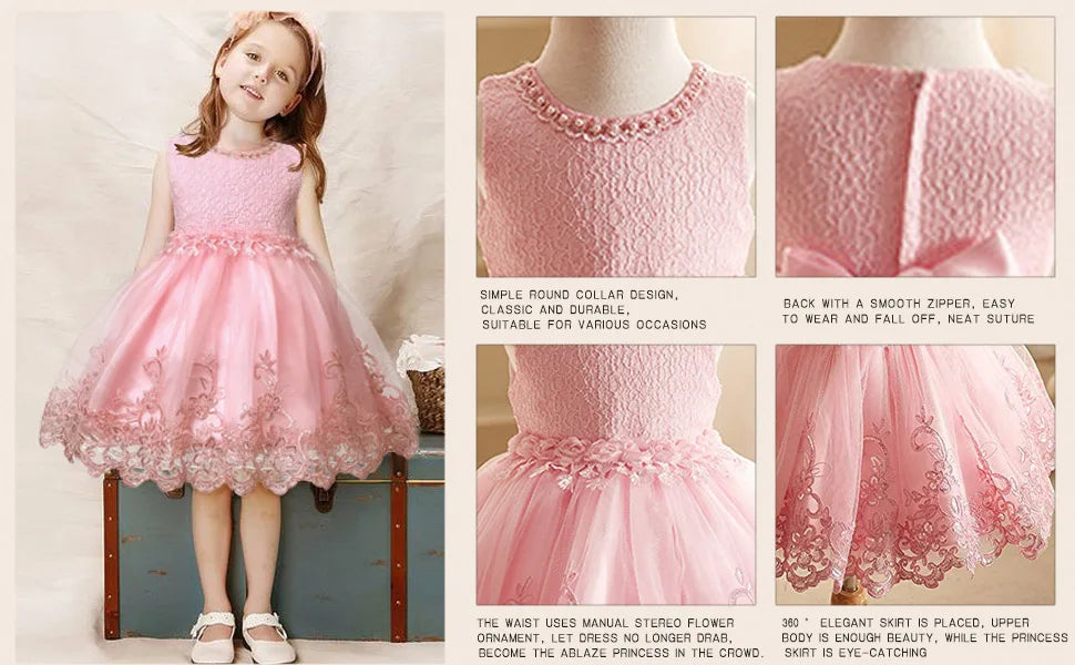Infant Baby Flower Dress Toddler Girls Sleeveless Pearl Princess Pageant Birthday Lace Wedding Dress Children Formal Gown 6-24M