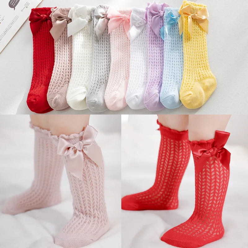 Simmer Spring Mesh Thin Cotton Korean Bow White Stockings Baby Princess Knee High Long Socks with Lace Ruffles for Newborn Girls