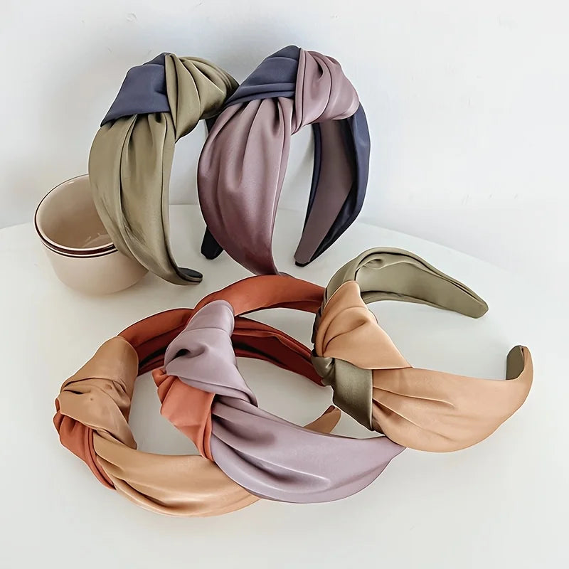 New Women Headband Wide Side Center Knotted Hair Accessories Temperament Satin Patchwork Color Hairband Girls Turban Headbands