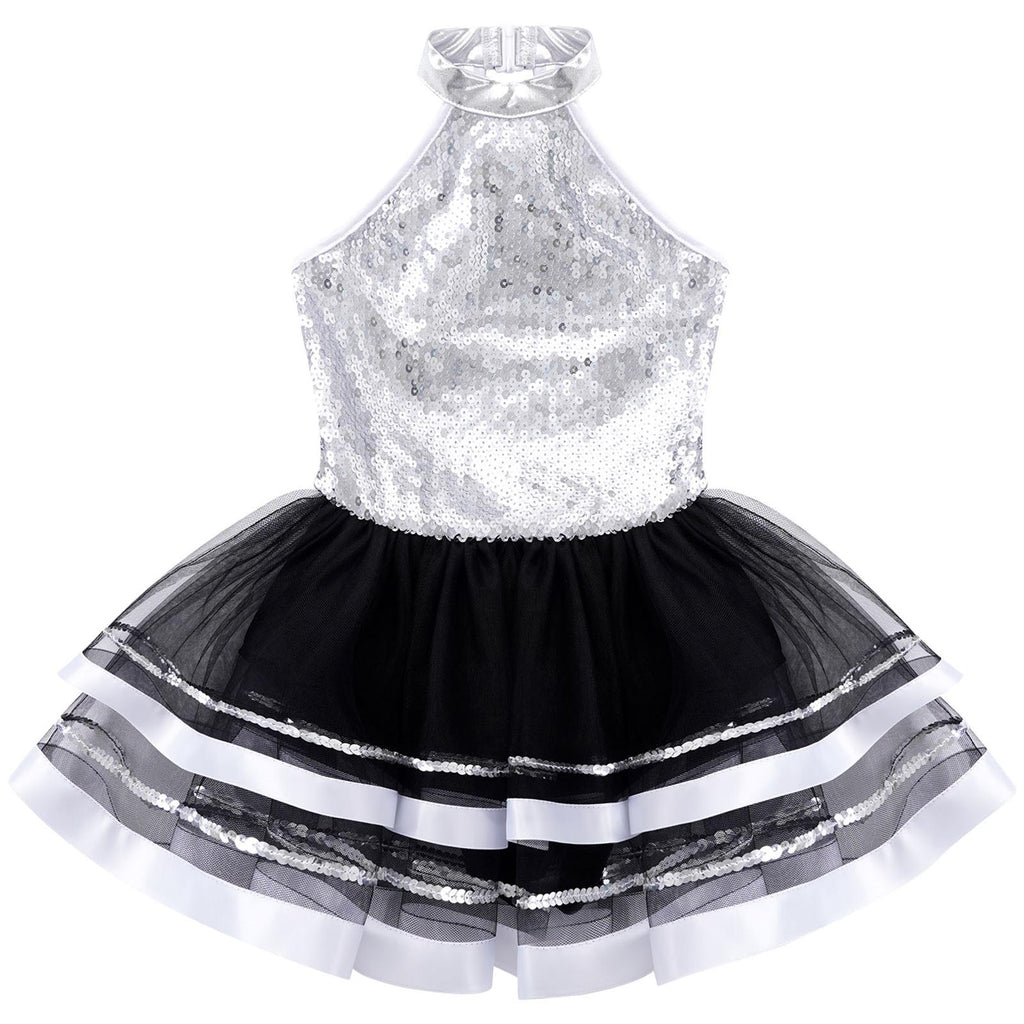 Jazz Dance Costume Kids Halter Shiny Sequins Gymnastics Unitards Dress Girls Ballet Leotard Tutu Stage Performance Clothing